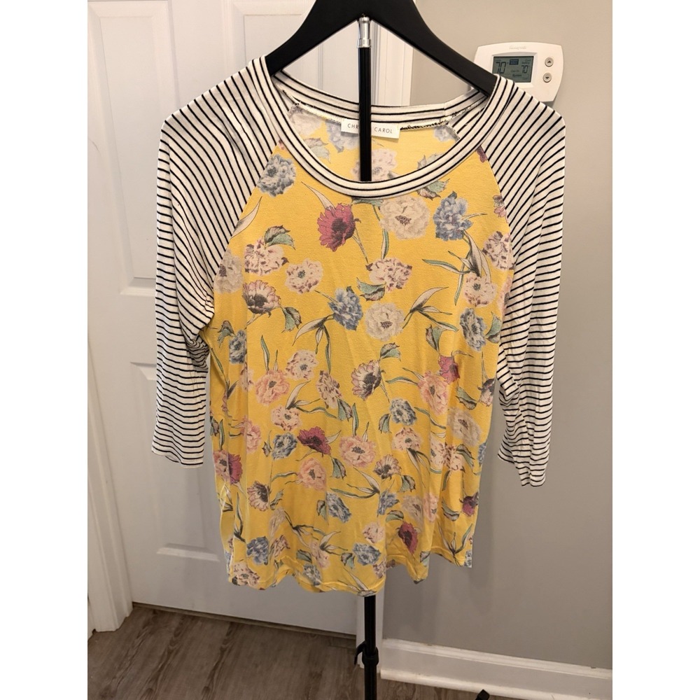 Chris & Carol 3/4-Sleeve Raglan Top Yellow Floral Black White Stripe Mixed Print